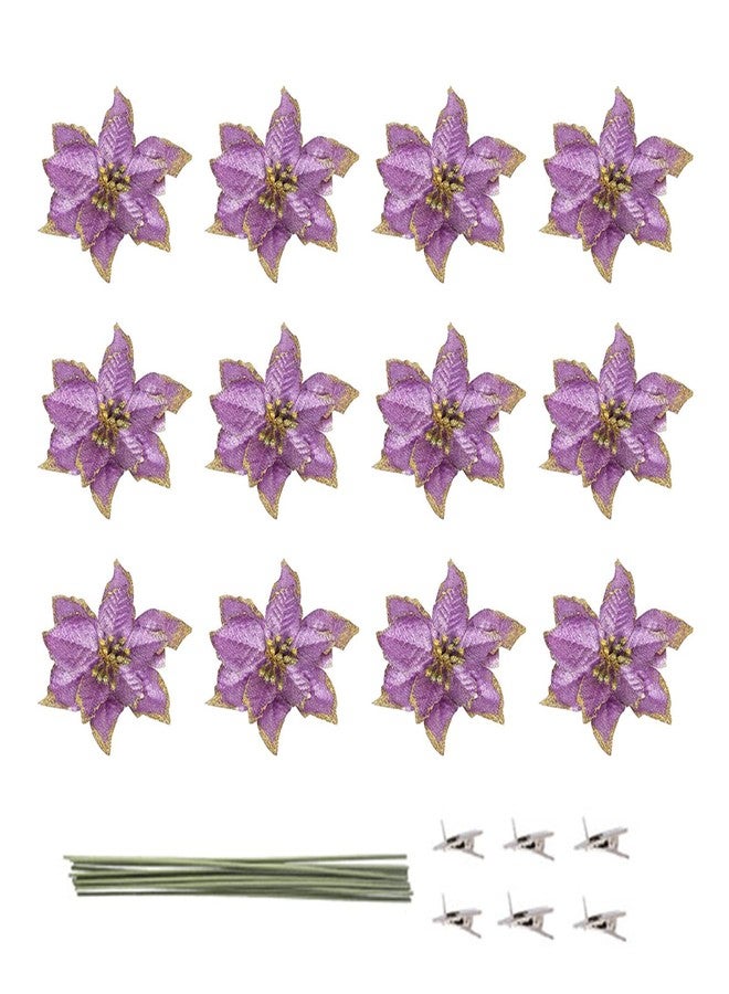KEPATO Christmas Glitter Poinsettia Christmas Tree Ornaments Pack of 12 (Purple) - Image 2